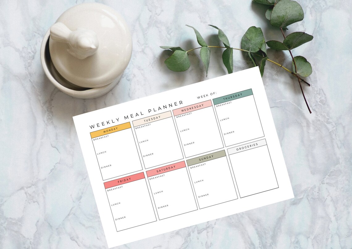 Weekly Meal Planner With Grocery List Printable Template, 7 Day Menu ...