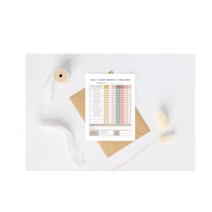 May include: A printable self-care weekly tracker with a light brown background. The tracker includes a list of self-care activities and a grid for tracking daily progress. The tracker is titled "Self-Care Weekly Tracker" and includes the text "Week of" at the top.