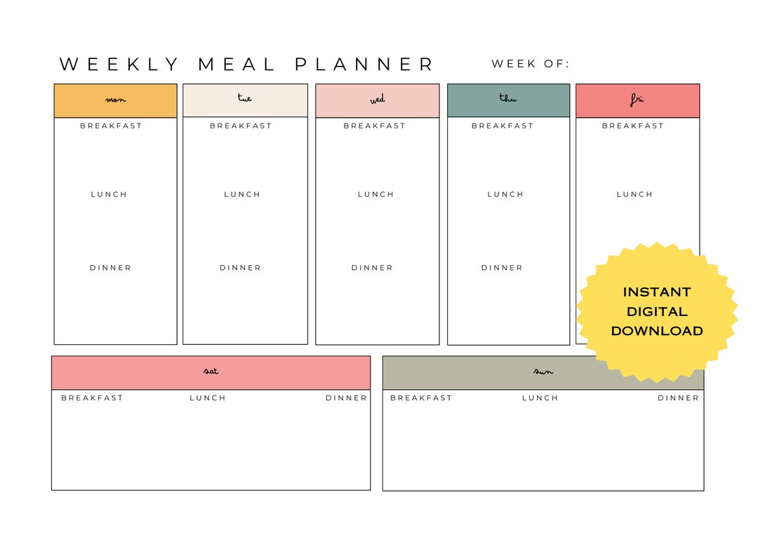 Landscape Printable Digital Meal Planner, Colorful Weekly Meal Planner ...