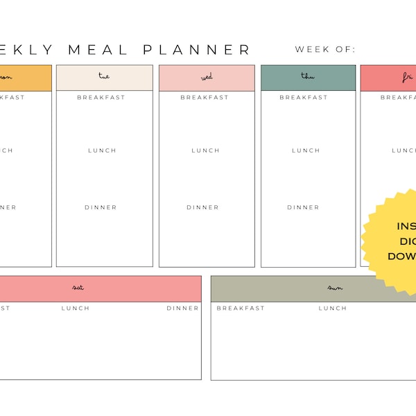 Landscape Printable Digital Meal Planner, Colorful Weekly Meal Planner, Meal Plan Template, Meal Prep, Grocery List, Kitchen, Food Menu