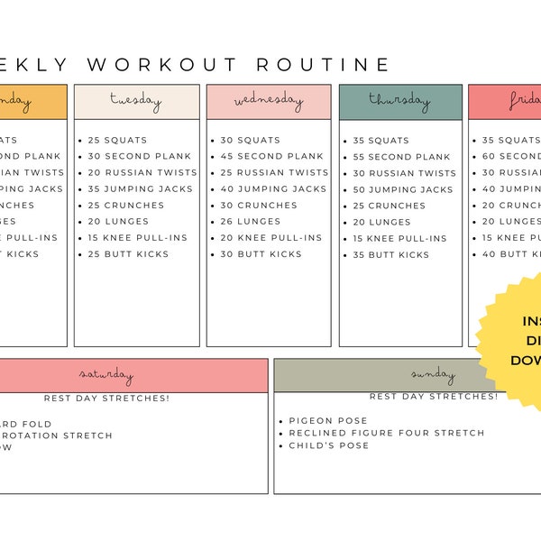 Routine d’entraînement hebdomadaire modifiable, planificateur de remise en forme de 7 jours, planificateur d’exercices, A4/Lettre, PDF à téléchargement instantané, imprimable