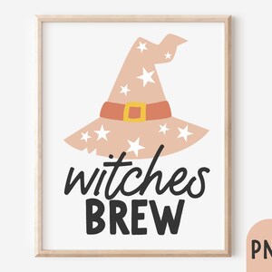 Puede incluir: Impresi&oacute;n enmarcada con un sombrero de bruja melocot&oacute;n adornado con estrellas blancas, una banda color &oacute;xido y una hebilla dorada. Las palabras "witches BREW" est&aacute;n escritas en escritura negra debajo, ideal para la decoraci&oacute;n de Halloween.