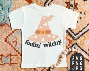 Feelin' Witchy PNG, Feeling Witchy Sublimation PNG file, Boho Halloween Png, Pink Witch Hat, Halloween Png, Fall shirt png, Modern, Retro