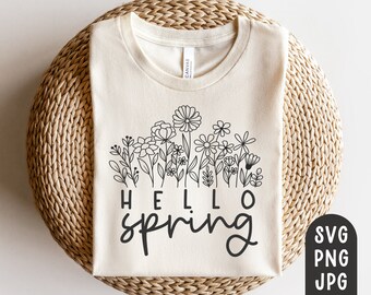 Hello Spring Svg, Wildflowers Svg, Wildflower Svg, Hello Spring Shirt Svg, Daisy svg, Spring cut file, Cricut, Sublimation, Minimalist Svg