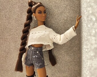 Doll Clothes, jean shorts & oversize sweater set for 1:6 Scale Dolls,nuface, integrity toys,poppy Parker,Fashion royalty,FR clothes