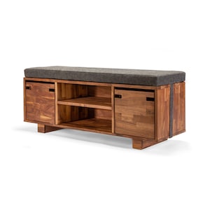 storage bench, entryway bench, shoe bench, modern, walnut, grey cushion