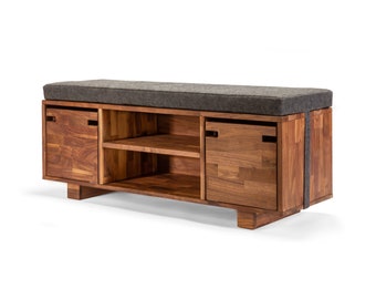 storage bench, entryway bench, shoe bench, modern, walnut, grey cushion