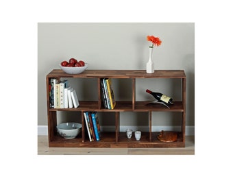 low open shelves, modern bookcase, solid custom walnut
