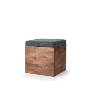 storage ottoman, storage stool, solid walnut, modern, cushion top lid