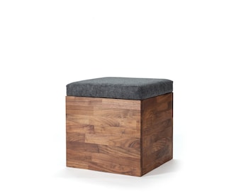 storage ottoman, storage stool, solid walnut, modern, cushion top lid