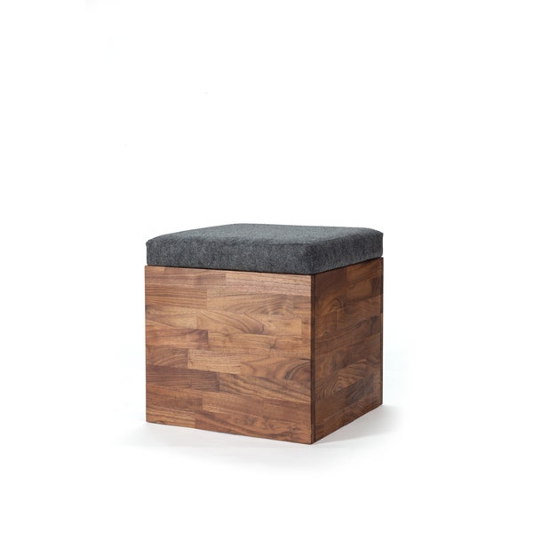 storage ottoman, storage stool, solid walnut, modern, cushion top lid