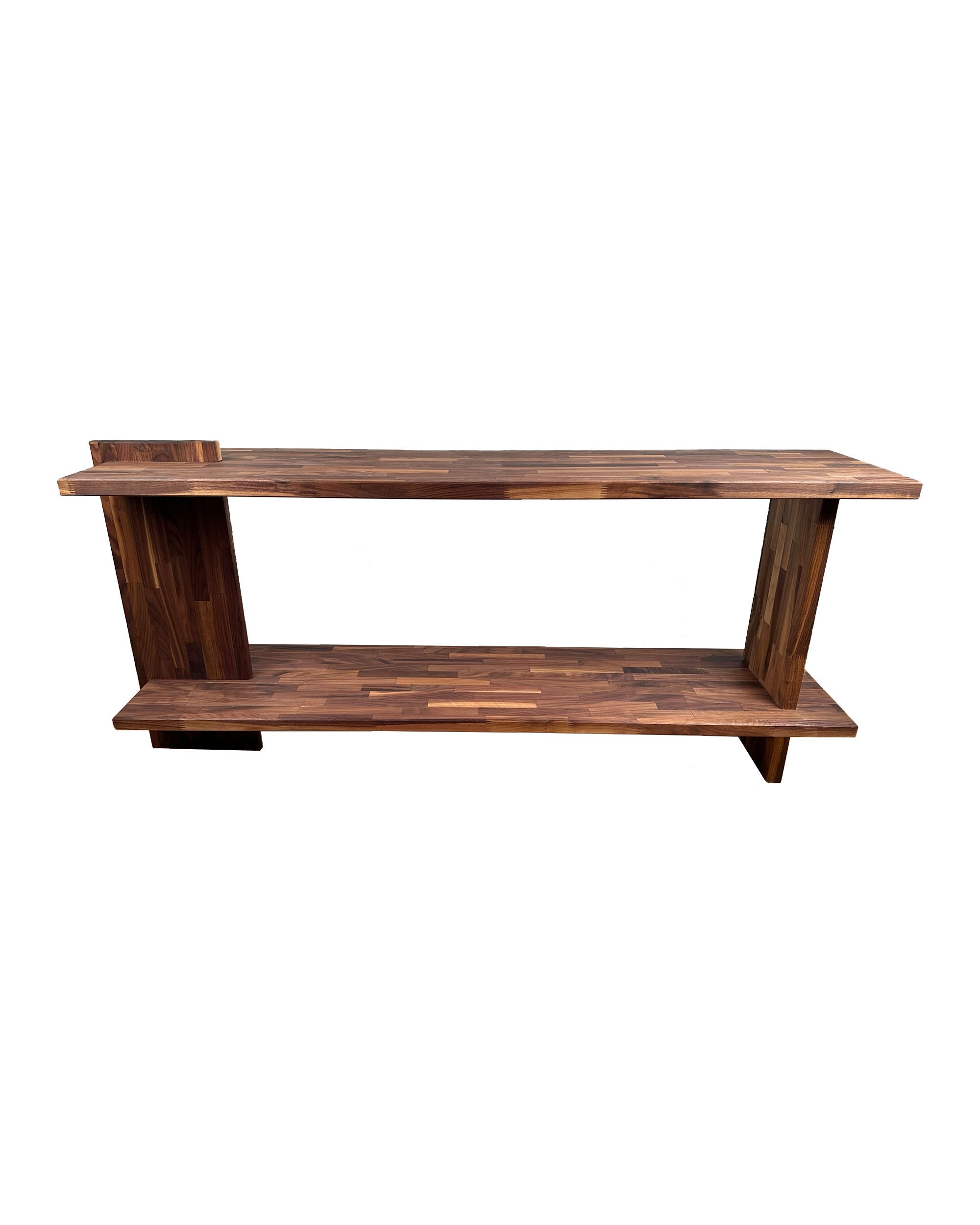 Sofa table, console table, side table, made in USA, designer, unique, walnut, custom, modern minimal