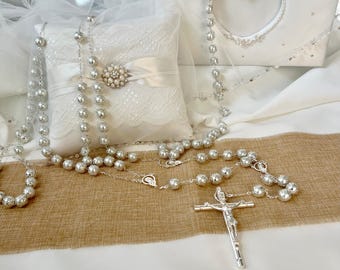 Wedding Lasso Rosary with Cross , White Pearl Chain Wedding Lasso by Lucky Collections ™, Lazo de Boda