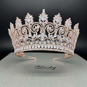 Cubic Zirconia Bridal Crown, Quinceanera Tall Tiara,  Finest Cut CZ Scrolls and Peaks