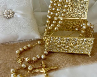 Pearl Wedding Lasso, Gold Chain, Elegant Rhinestone Box, Lazo de Perlas, Lazo de Boda