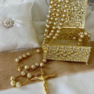 Wedding Lasso with Box, Pearl Gold Chain Wedding Lasso in Elegant Sparkling Lasso box, Lazo de Perlas