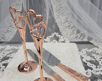 Wedding Champagne Flutes and Cake Knife Set for Bride and Groom, Wedding Gift Anniversary, Toasting Glasses and Cake Cutter Set, Toast Set