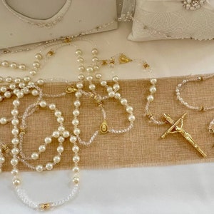 Wedding Lasso with Matching Rosary Combo Classic Ivory Pearl and Crystals, Rosary Lasso, Rosario Y Lazo de boda,