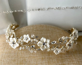 Floral Headband for wedding, Bridal Hair Accessory, Swarovski Flexible Headpiece for bride,