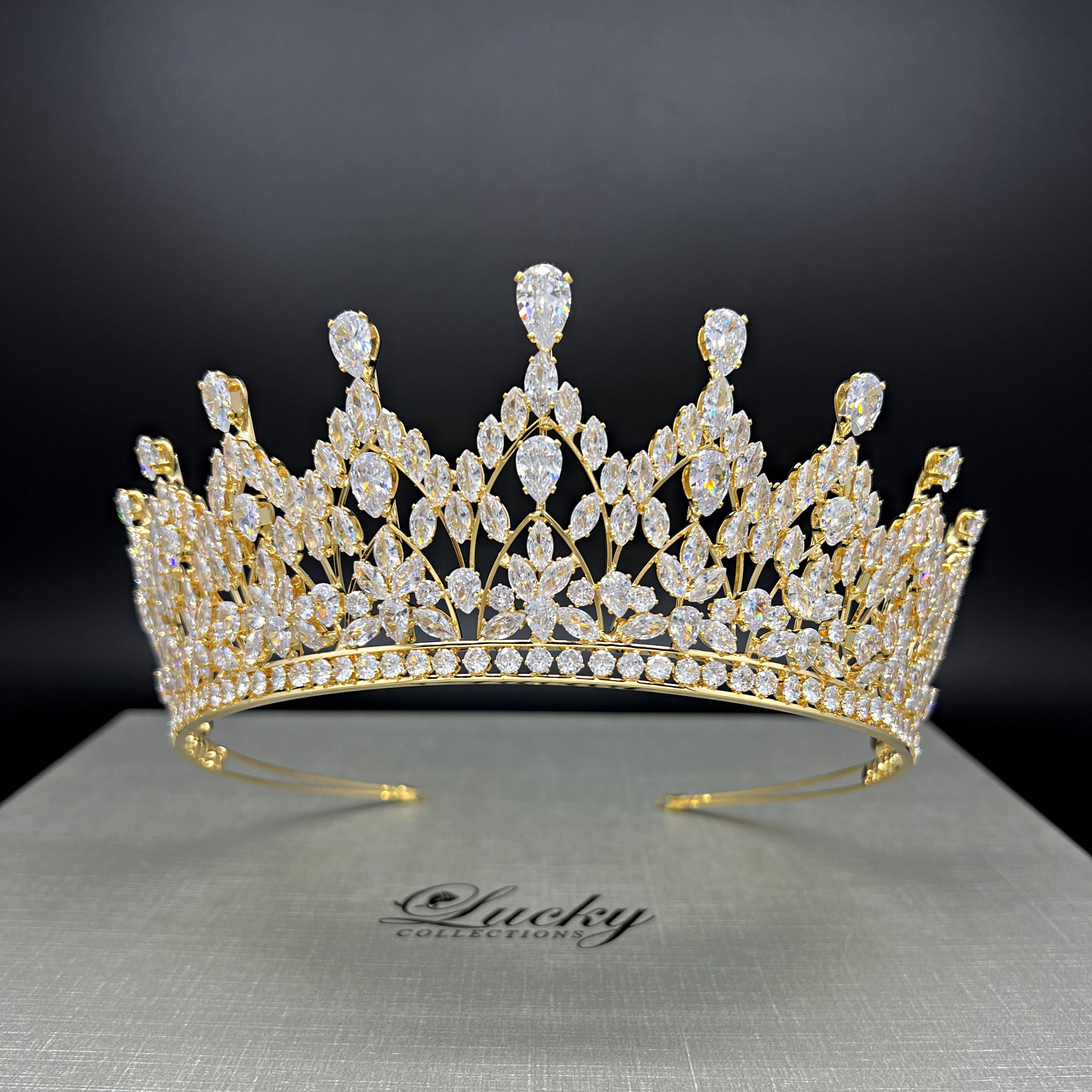 7566 Gold Crowns and Tiaras Cubic Zirconia Quinceanera Crown Sweet 16 Tiara Gorgeous Gold Multi-Peak CZ Wedding and Quinceanera Tiara main image 3