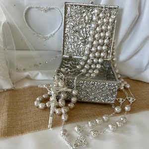 Wedding Lasso with Box, Ivory Pearl Silver Chain Wedding Lasso in Elegant Sparkling Lasso box, Lazo de boda