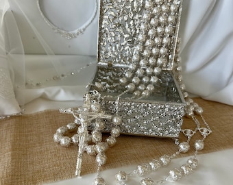 Wedding Lasso with Box, Ivory Pearl Silver Chain Wedding Lasso in Elegant Sparkling Lasso box, Lazo de boda