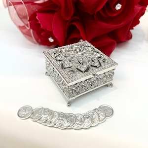 Caja de Arras de Boda y MONEDAS GRATIS- Arras de Boda Católica - Conjunto de monedas de boda ornamentadas, Monedas de pedrería, Regalo de boda de Los padrinos y madrinas
