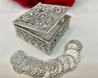 Wedding Arras Box and Coins - Square Rhinestone Wedding box, Cajas Platiadas Para Aras