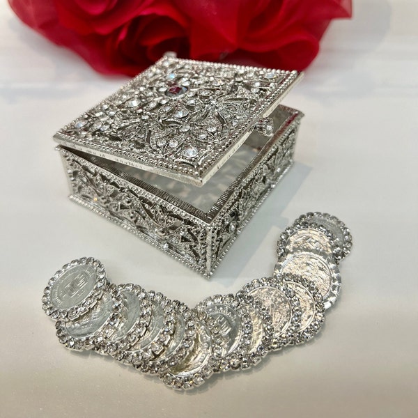 Wedding Arras Box and Coins - Square Rhinestone Wedding box, Cajas Platiadas Para Aras