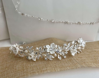 Floral Bridal Headband, Porcelain Flowers, Rhinestone Wedding Headpiece