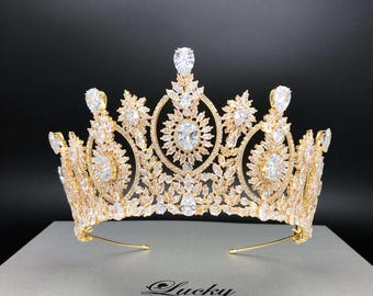 Tall Glamorous Cubic Zirconia Crown, Bridal Tiara