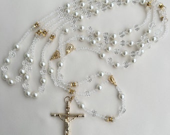 Wedding Lasso Rosary, Ivory Pearl and Crystal, Lazo de Boda