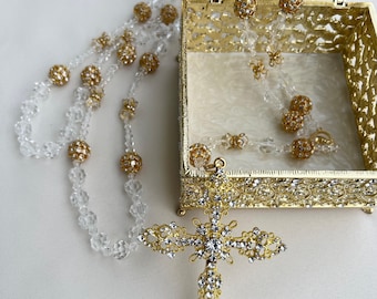Crystal Rhinestone Wedding Lasso Rosary and Filigree Box Combo, Lazo de Boda