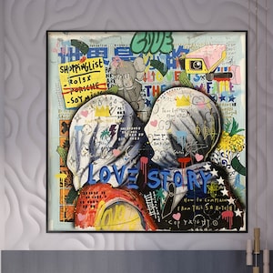 Lovers,100% Hand Painted, Graffiti Art, Pop Art Painting, Wall Decor Living Room, Office Wall Art, Original Painting