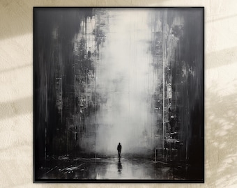 Hand-Painted Abstract Oil Painting: Lonely Man, Dark Mysterious Wall Decor