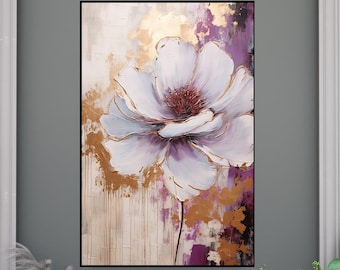 Hand-Painted White Flower Oil Painting: Textured Abstract Wall Art