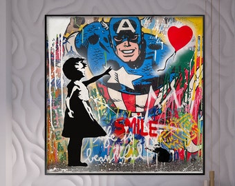 Hand Painted Balloon Girl Graffiti Art: Pop Art Oil Painting