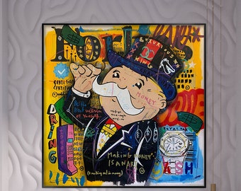 Mr. Monopoly Canvas Art, 100% Hand Painted, Graffiti Art, Pop Art Painting, Wall Decor Living Room, Office Wall Art, Original Painting