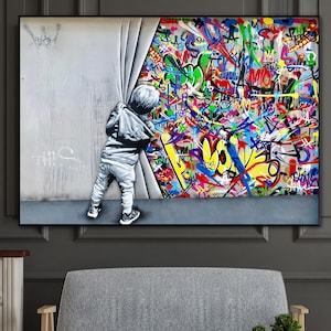 Detrás de la cortina, Banksy, 100 % pintado a mano, pintura original, arte de graffiti, pintura pop art, decoración de pared para sala de estar, arte de pared para oficina