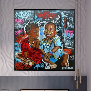 African Kids Canvas Art,100% Hand Painted, Graffiti Art, Pop Art Painting, Wall Decor Living Room, Office Wall Art, Original Painting