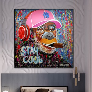 Stay Cool Canvas Art, 100% Hand Painted, Graffiti Art, Pop Art Painting, Wall Decor Living Room, Office Wall Art, Original Painting
