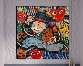 Monopoly, 100% Hand Painted, Graffiti Art, Pop Art Painting, Wall Decor Living Room, Office Wall Art, Original Painting
