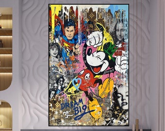 Mickey Mouse Superhero Graffiti Art: Hand-Painted Pop Art Oil Painting