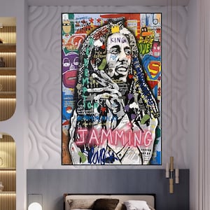 Hand Painted Bob Marley Graffiti Art: Pop Art Oil Painting