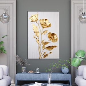 Gold Flowers, White 100% Hand Painted, Textured Painting, Abstract Oil Painting, Acrylic Painting, Wall Decor Living Room, Office Wall Art