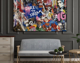 Hand-Painted Superhero Pop Art Graffiti Painting: Living Room Wall Decor