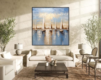 Hand Painted Sailing Boat Oil Painting: Abstract Textured Wall Art