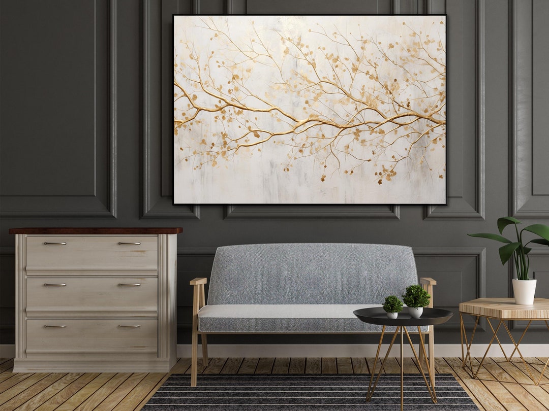 Golden Tree Branch,100 Hand Painted, Textured Painting, Abstract Oil