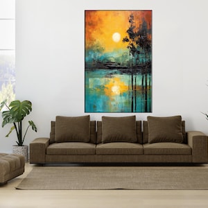 Hand-Painted Lake Sunset Oil Painting: Abstract Textured Wall Art