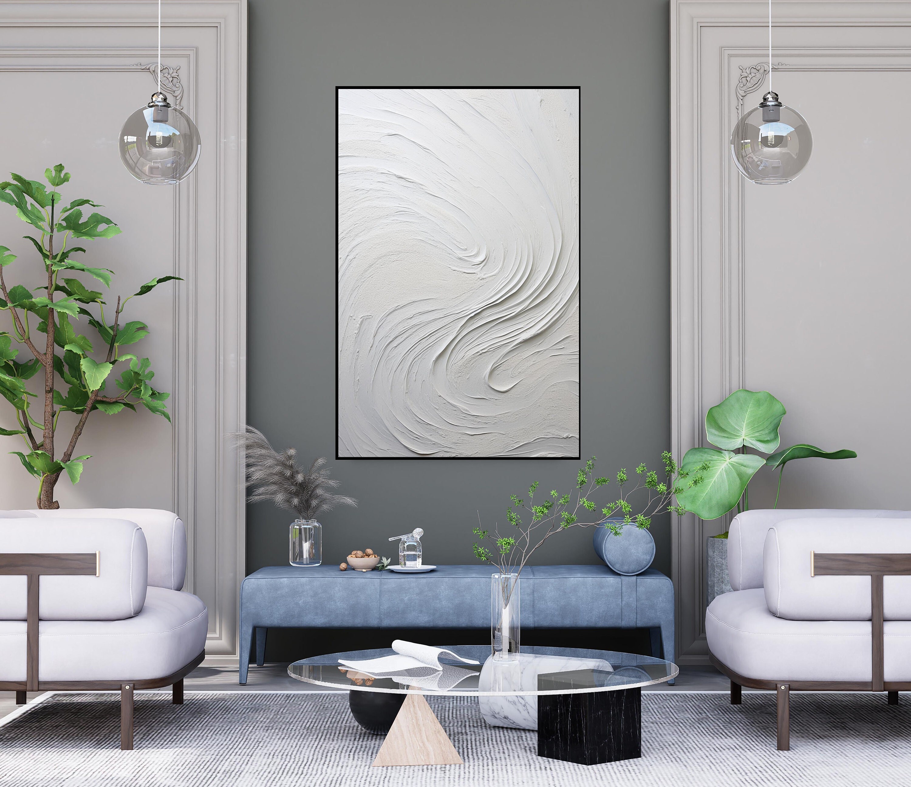 White Wave Textured Painting: Abstract Oil Acrylic Wall Art